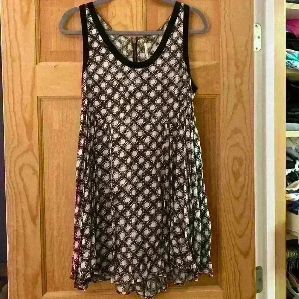 Free People Off White and Black Mini Dress with Mini Pleats and Zipper Accent